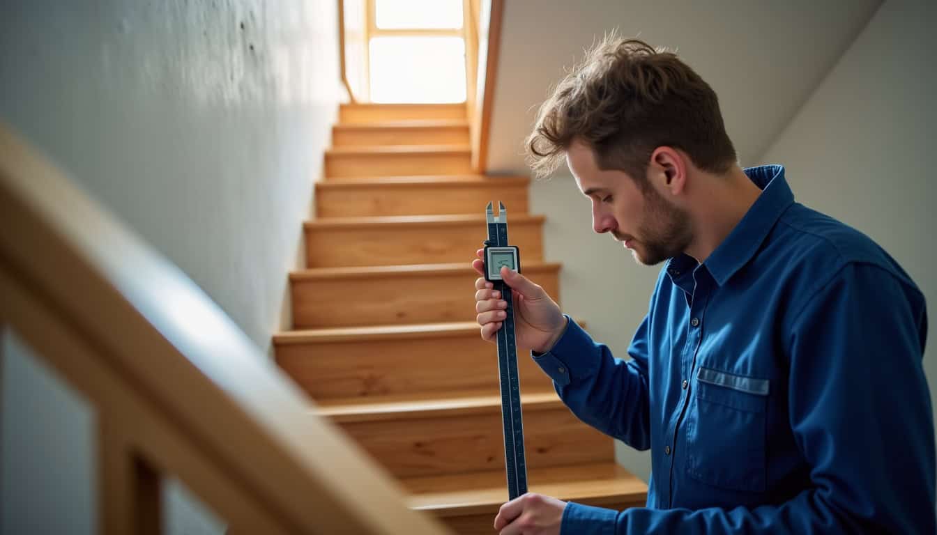 Technicien en train de mesurer un escalier pour l'installation d'un monte-escalier à Les Sorinières