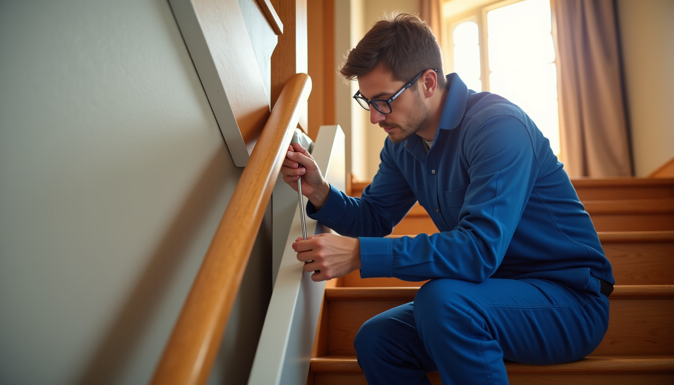 Technicien effectuant un entretien annuel sur un monte-escalier dans une habitation de Levet