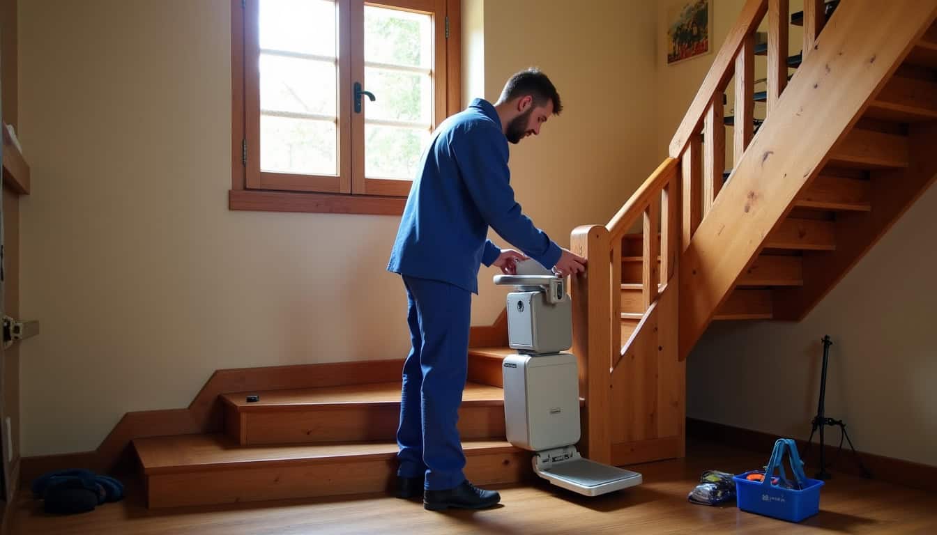Technicien en train d’installer un monte-escalier courbe dans une maison à Marennes-Hiers-Brouage