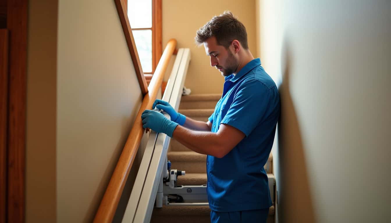 Technicien en train d'installer un monte-escalier à Marles-les-Mines
