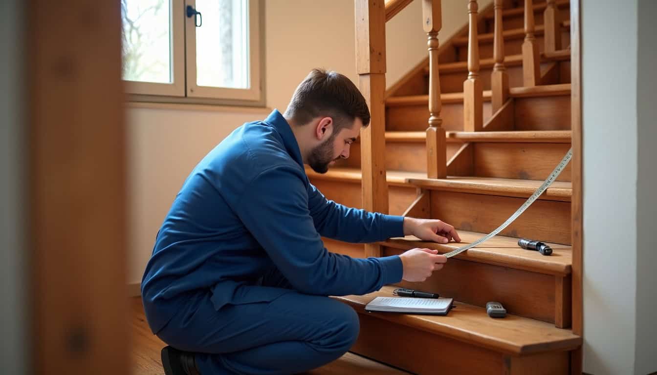 Technicien en train de mesurer un escalier pour une installation sur mesure à Mas-Grenier