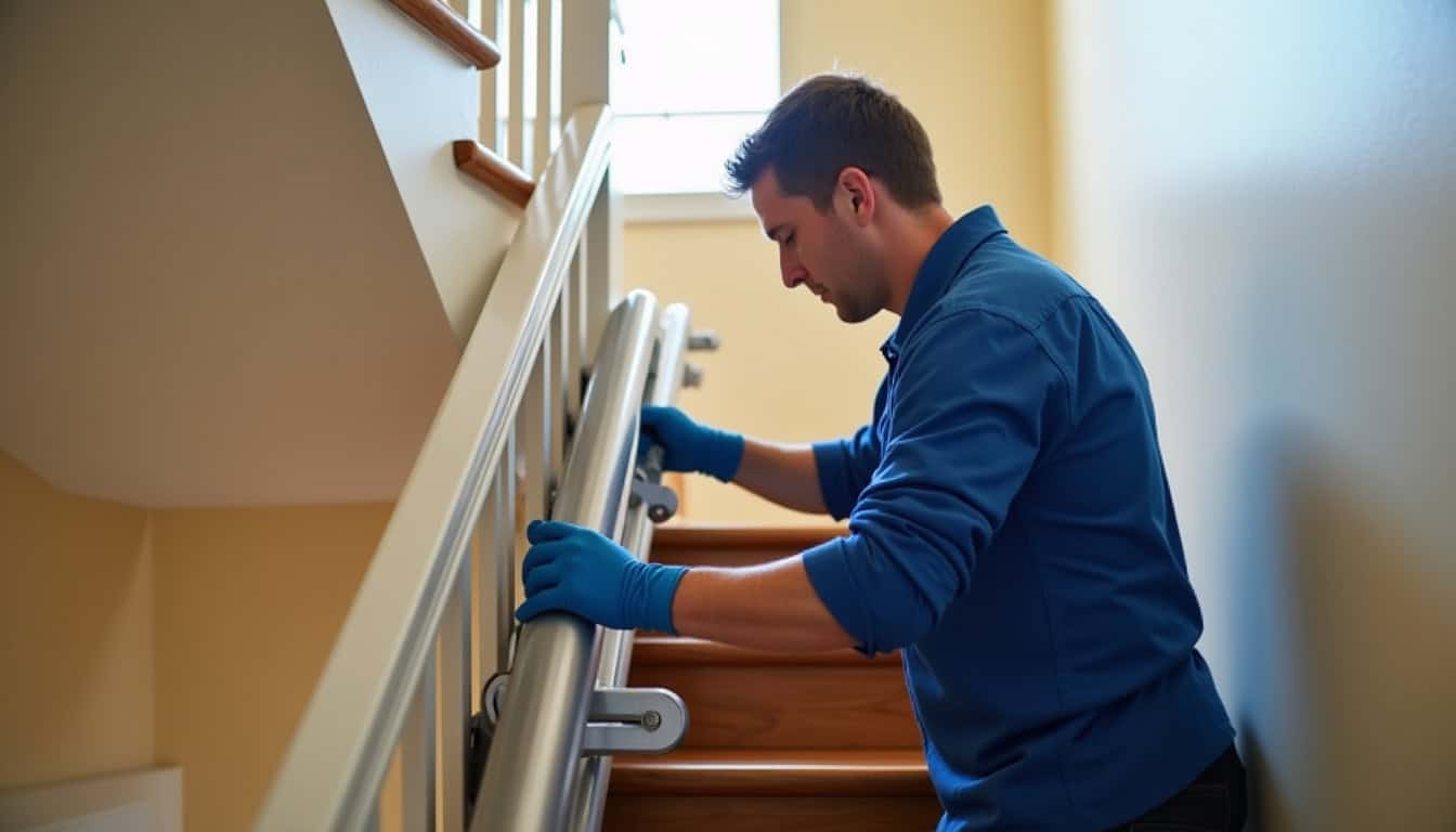 Technicien en train d'effectuer l'entretien d'un monte-escalier à Maurepas