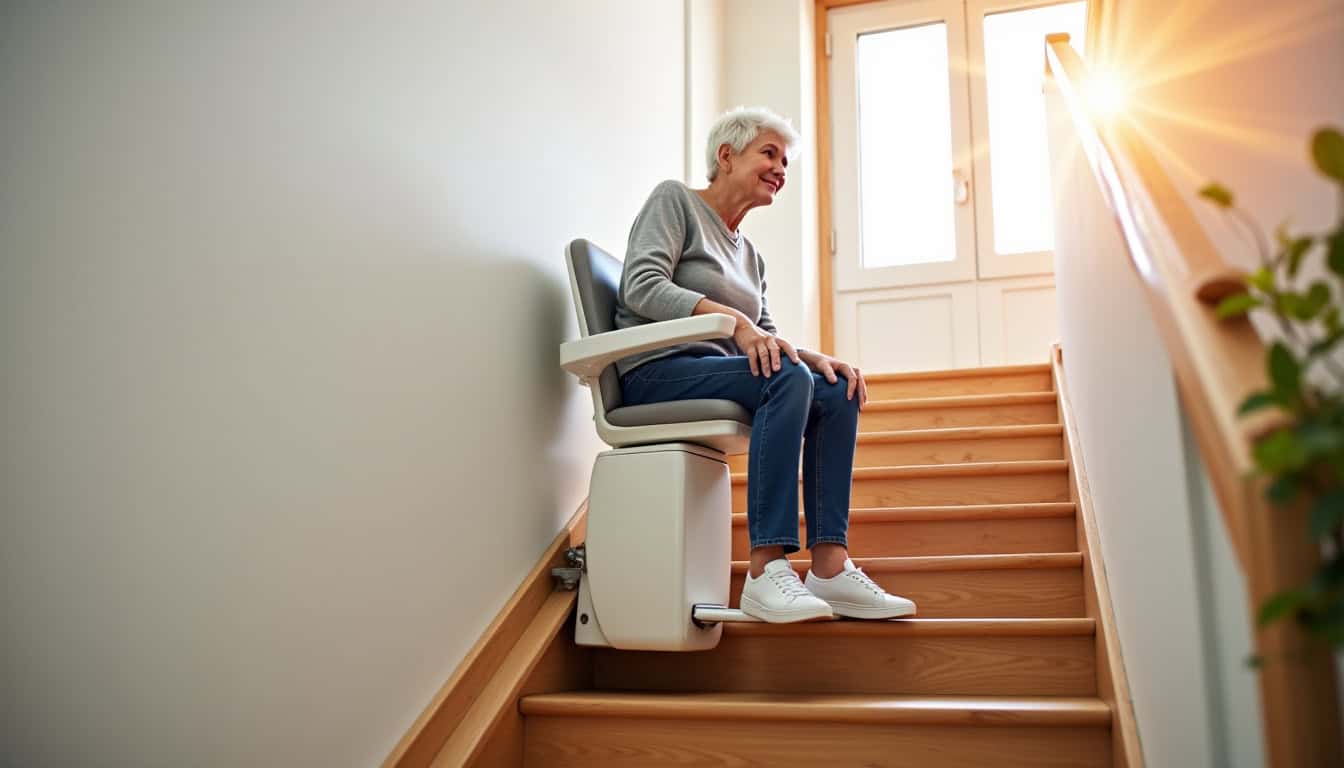 Monte-escalier installé sur un escalier droit dans une maison à Médis