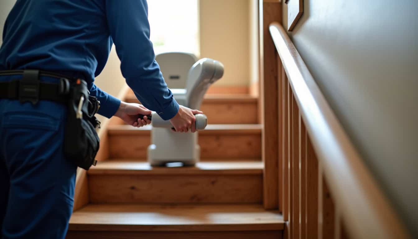Technicien en train d'installer un monte-escalier dans une maison à Médis