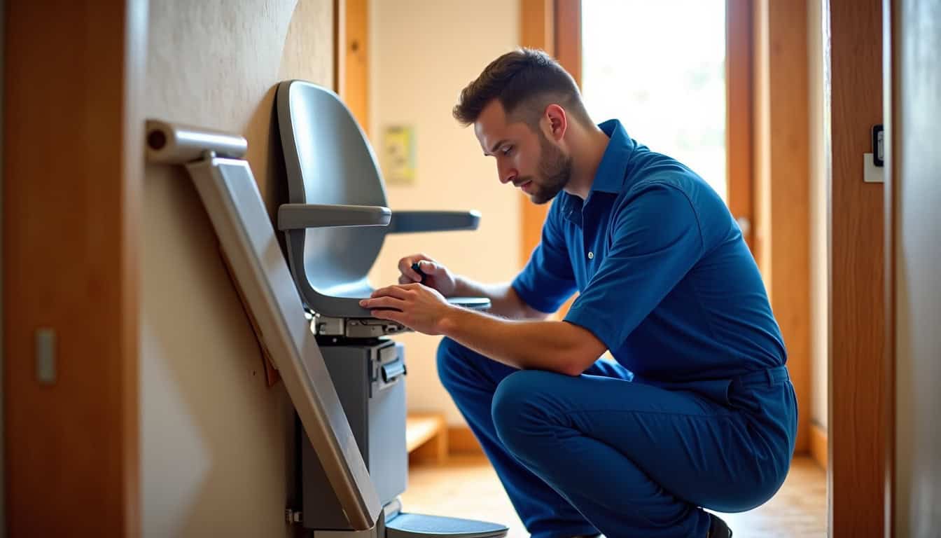 Technicien en train de vérifier un monte-escalier installé à Médréac