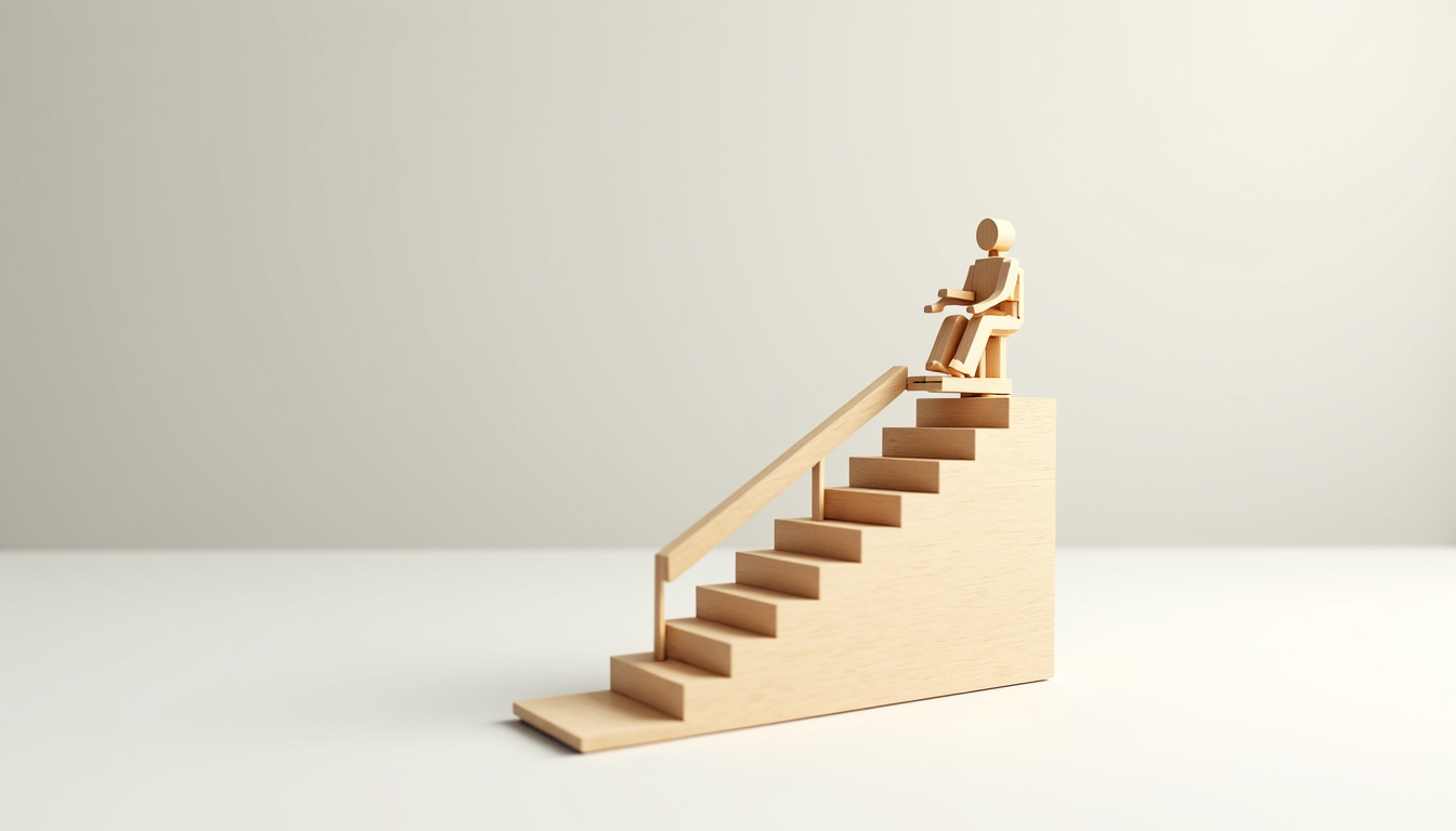 Schéma de fonctionnement interne d'un monte-escalier montrant le rail, le fauteuil, le moteur et le système de sécurité