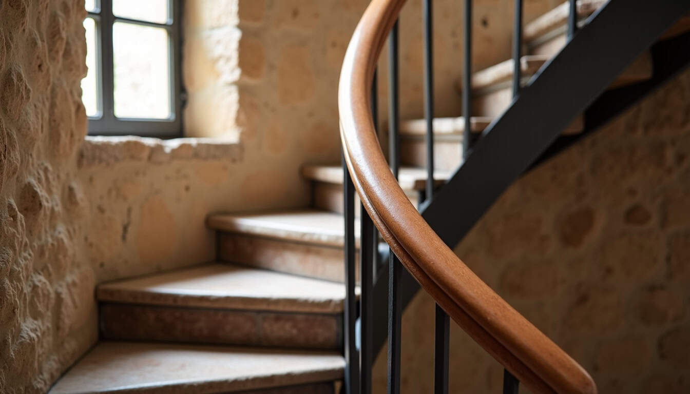 Installation d’un monte-escalier tournant sur un escalier en colimaçon à Montmorot