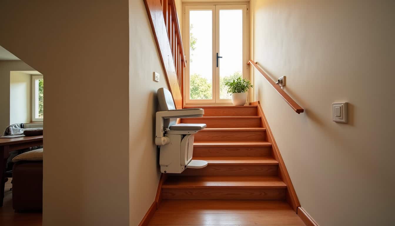 Vue d’un monte-escalier droit installé dans une maison traditionnelle de Montmorot