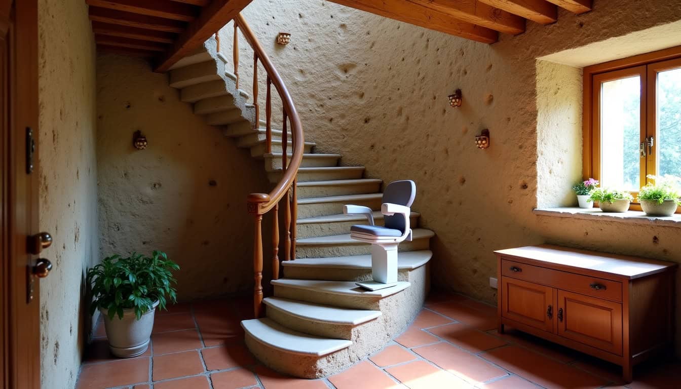 Monte-escalier tournant installé dans une maison ancienne en pierre à Morcenx-la-Nouvelle, avec un escalier en colimaçon et un intérieur traditionnel