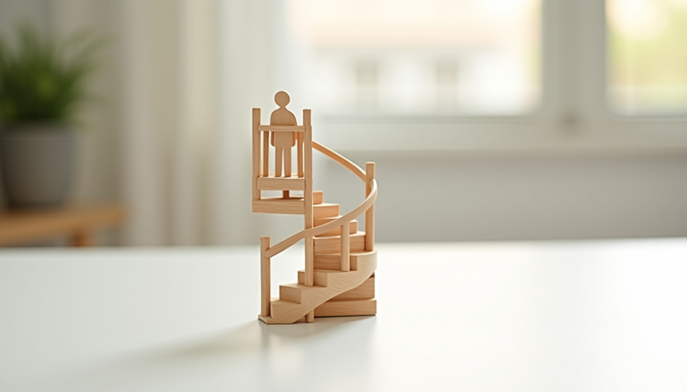 Vue d'un monte-escalier installé dans une maison traditionnelle à Moréac, avec escalier en bois et intérieur breton