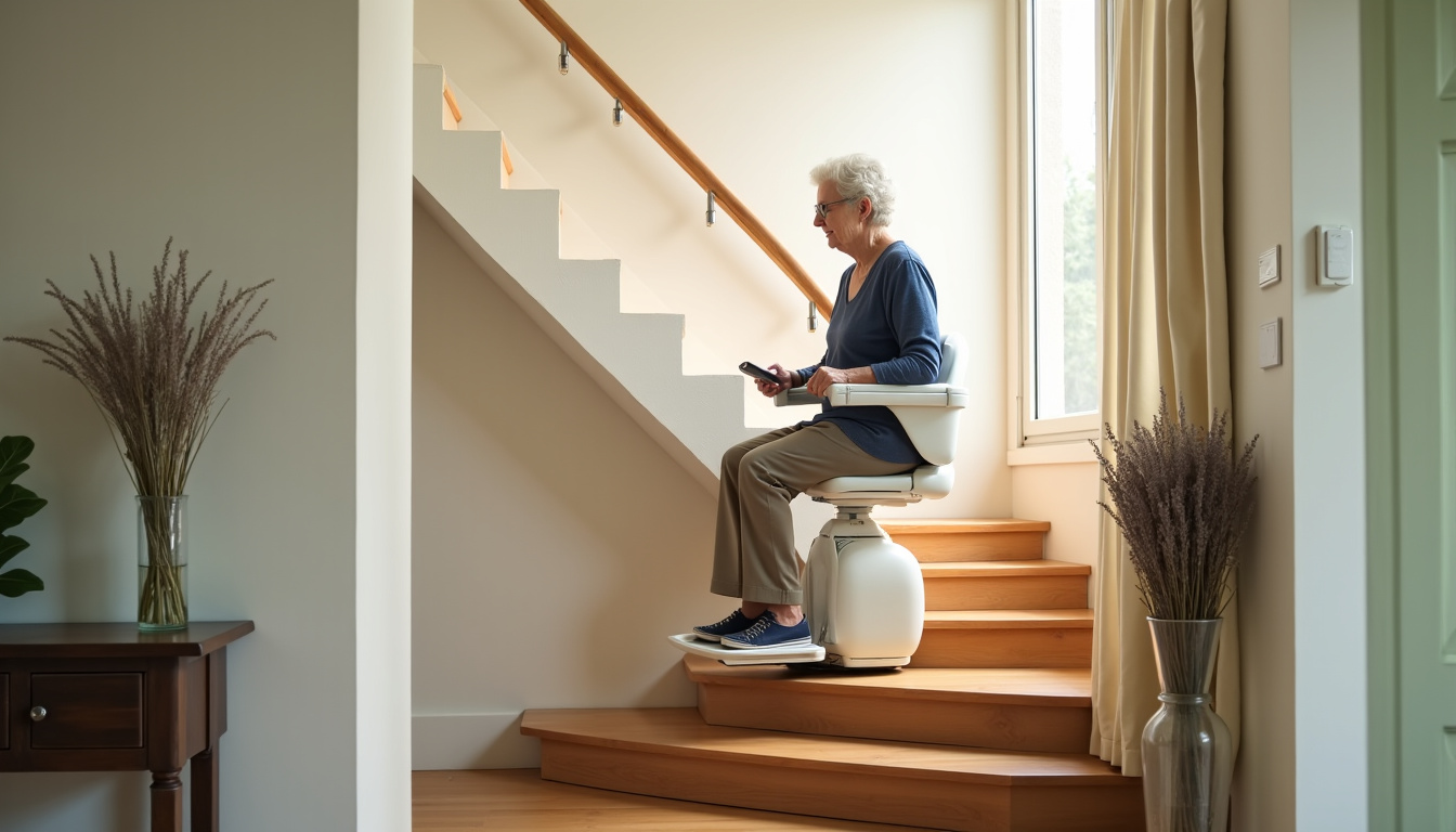 Personne âgée utilisant un monte-escalier tournant dans sa maison à Moréac