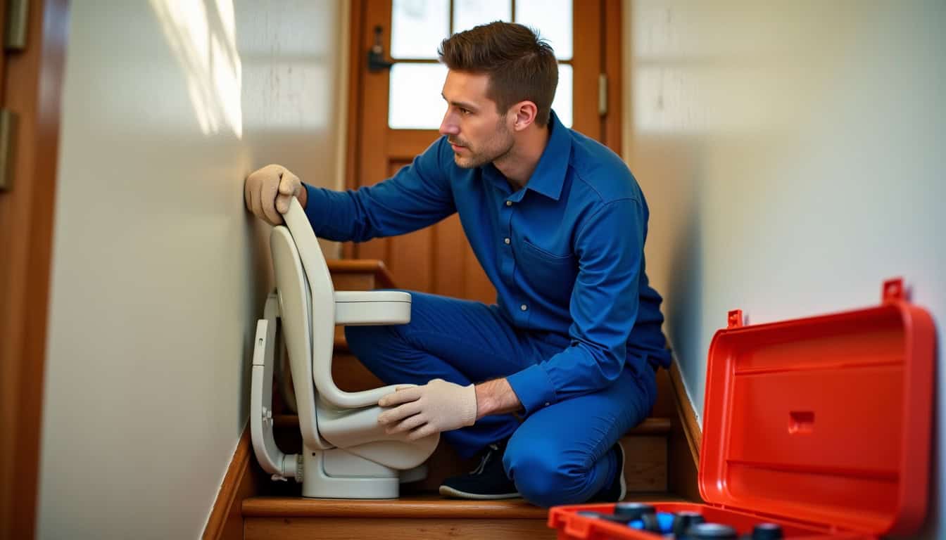 Technicien en train d'installer un monte-escalier dans une maison à Nevers