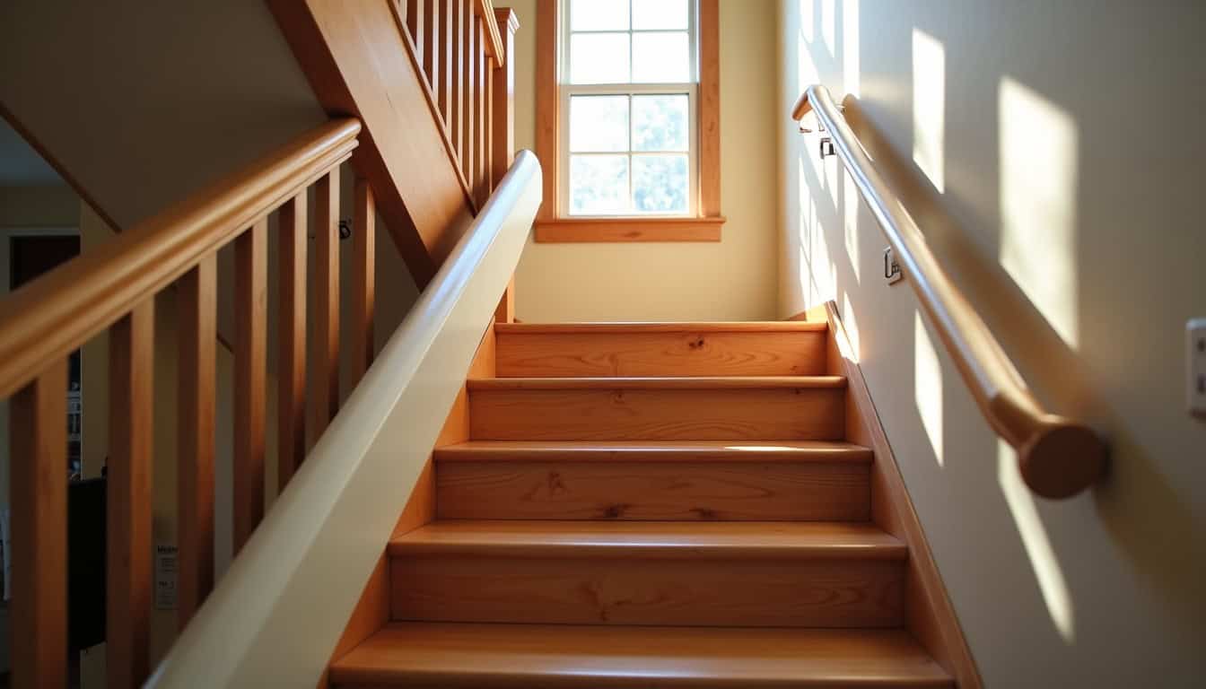 Monte-escalier droit installé dans une maison à Notre-Dame-des-Landes, avec un rail le long de l'escalier et un siège repliable