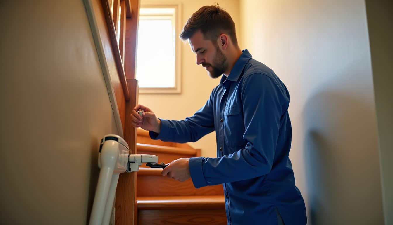 Technicien en train d'installer un monte-escalier tournant dans une maison à Notre-Dame-des-Landes