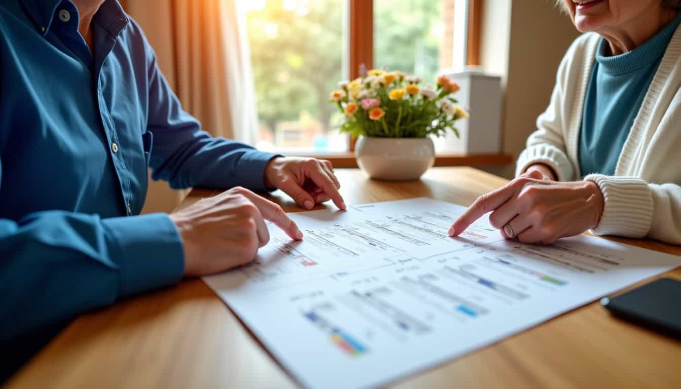 Femme âgée examinant un devis détaillé pour son monte-escalier avec un technicien à Offranville