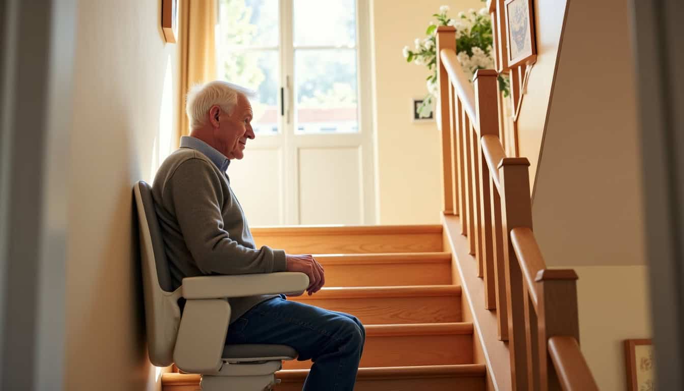 Homme âgé utilisant sereinement son monte-escalier à domicile à Offranville