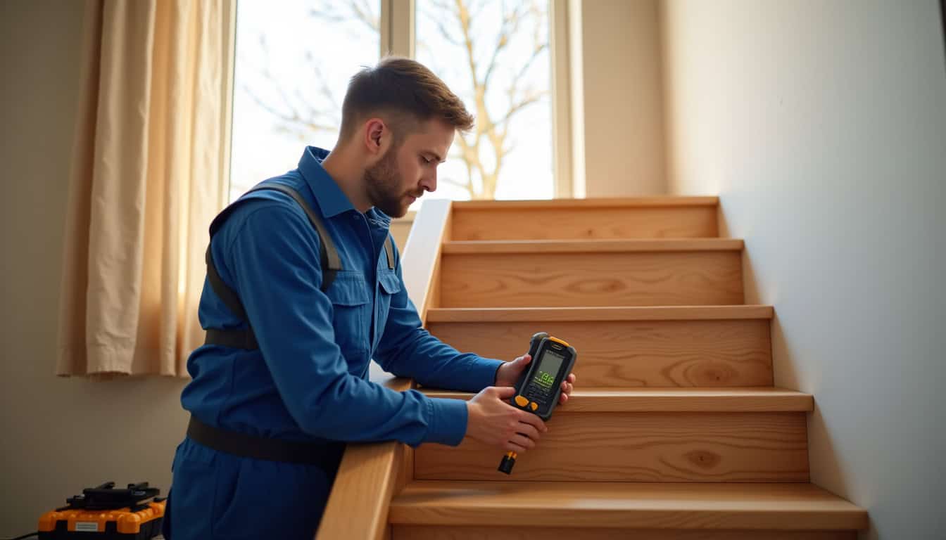 Technicien en train de mesurer un escalier pour une installation sur mesure à Ondres