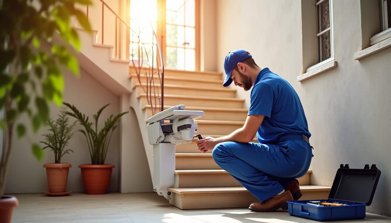 Technicien effectuant une maintenance préventive sur un monte-escalier à Paradou