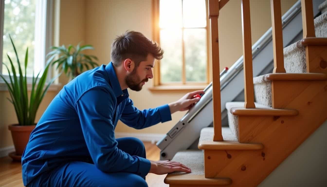 Technicien effectuant une maintenance préventive sur un monte-escalier à Pipriac