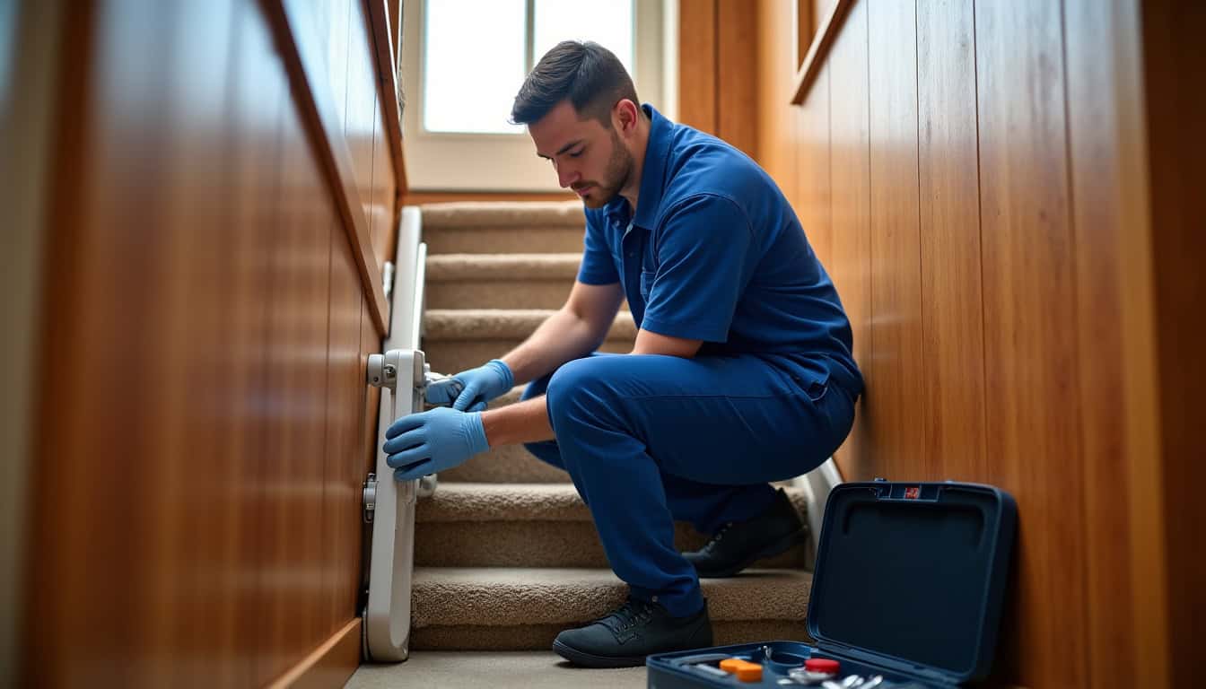 Technicien en train d'installer un monte-escalier dans une maison à Plestan