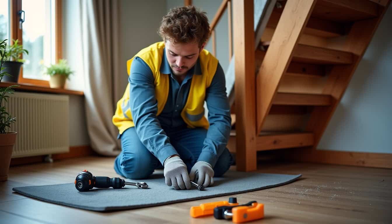 Technicien en train d’installer un monte-escalier à Plounéventer avec outils et matériel de sécurité