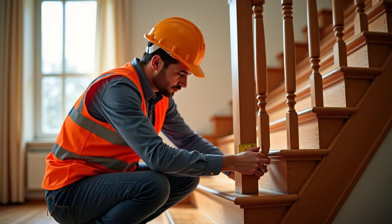 Expert en train de mesurer un escalier lors d’une étude technique à domicile à Plounéventer