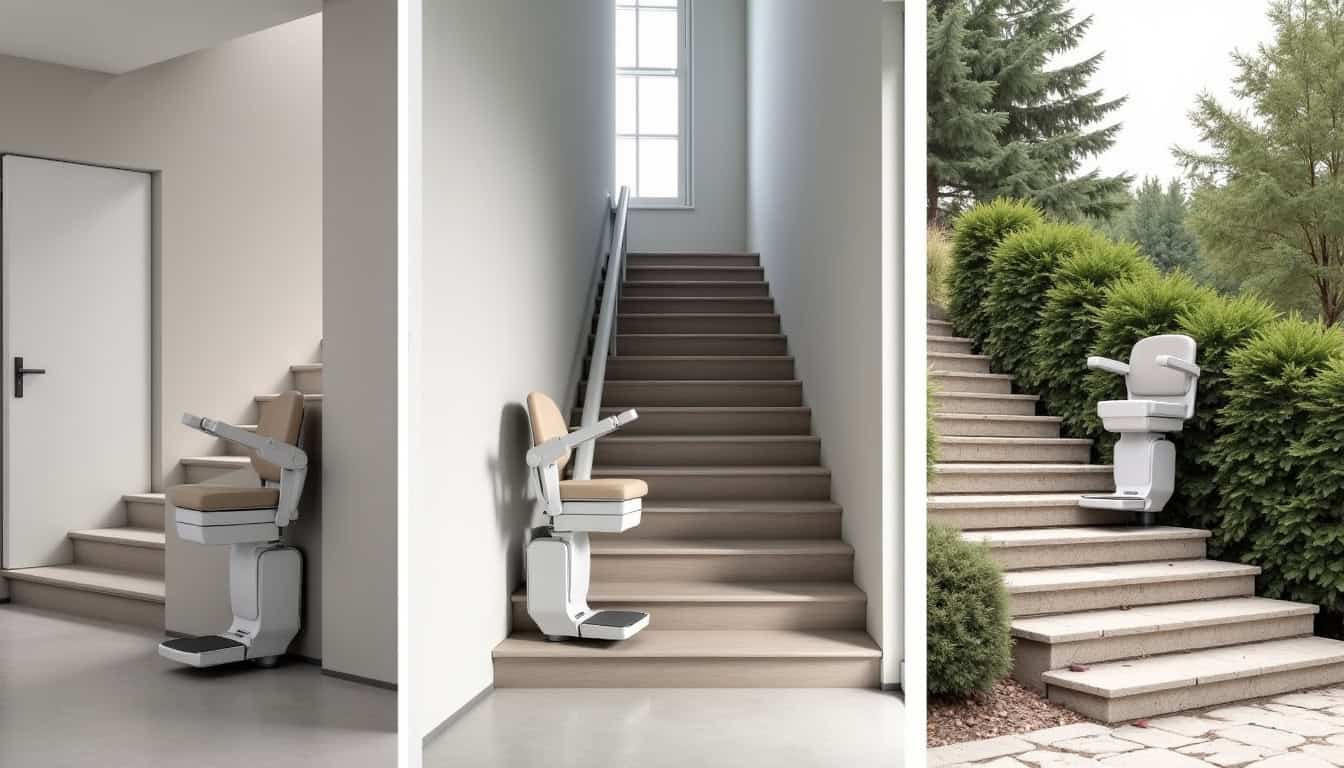 Différents types de monte-escaliers installés à Plumieux: droit, tournant et extérieur