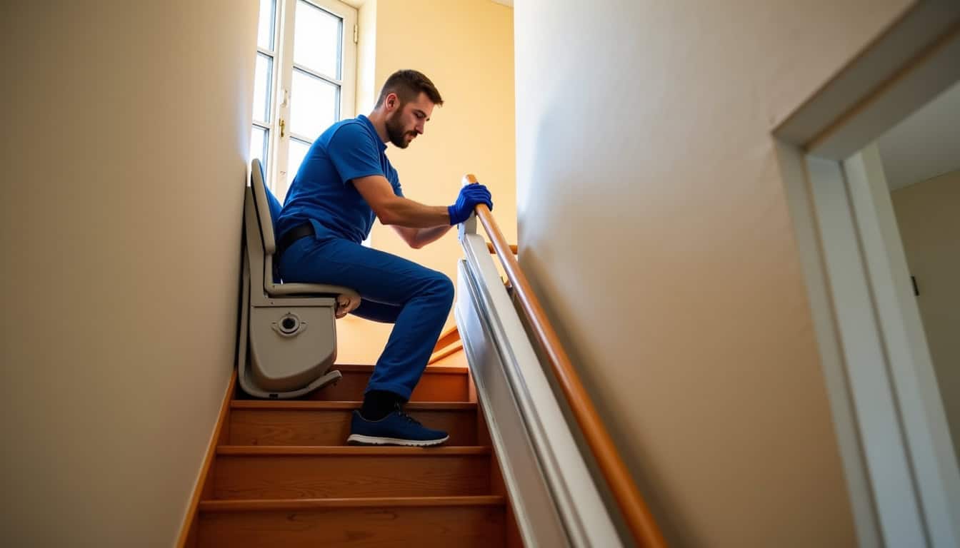 Technicien en train d'installer un monte-escalier dans un escalier tournant à Pont-sur-Yonne