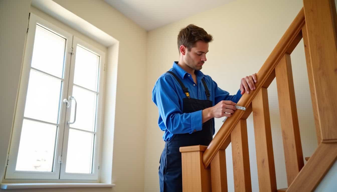 Technicien en train de mesurer un escalier à Pradines pour l'installation d'un monte-escalier