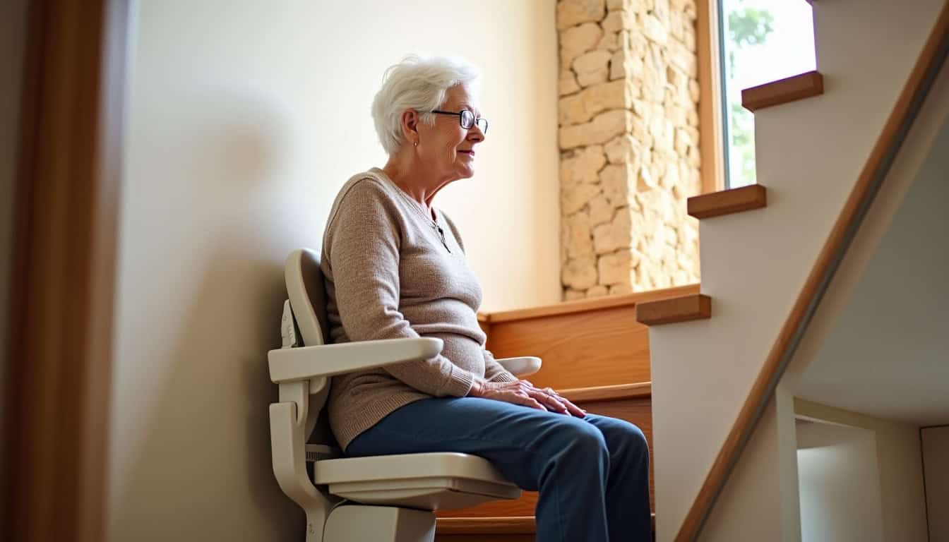 Personne âgée utilisant un monte-escalier à Pradines en toute sécurité