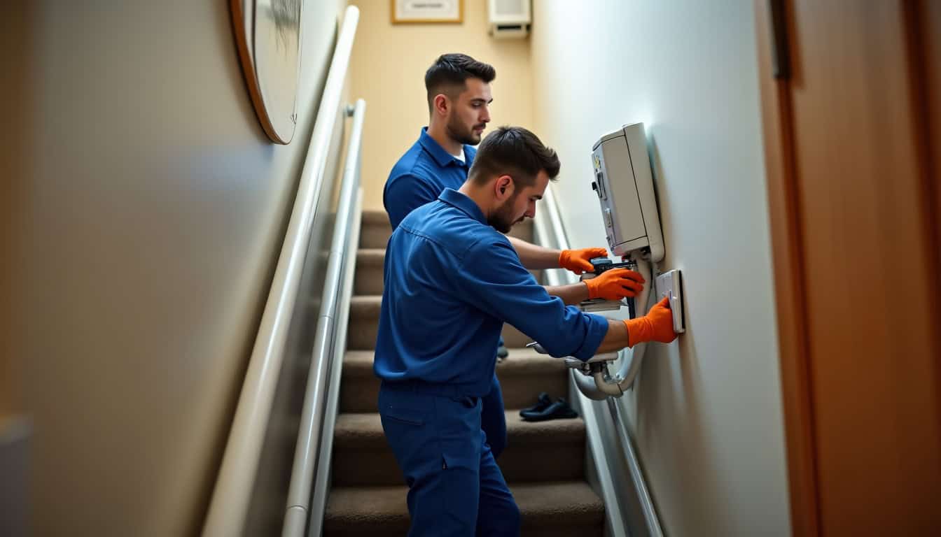 Technicien en train d'effectuer une maintenance préventive sur un monte-escalier à Prévessin-Moëns