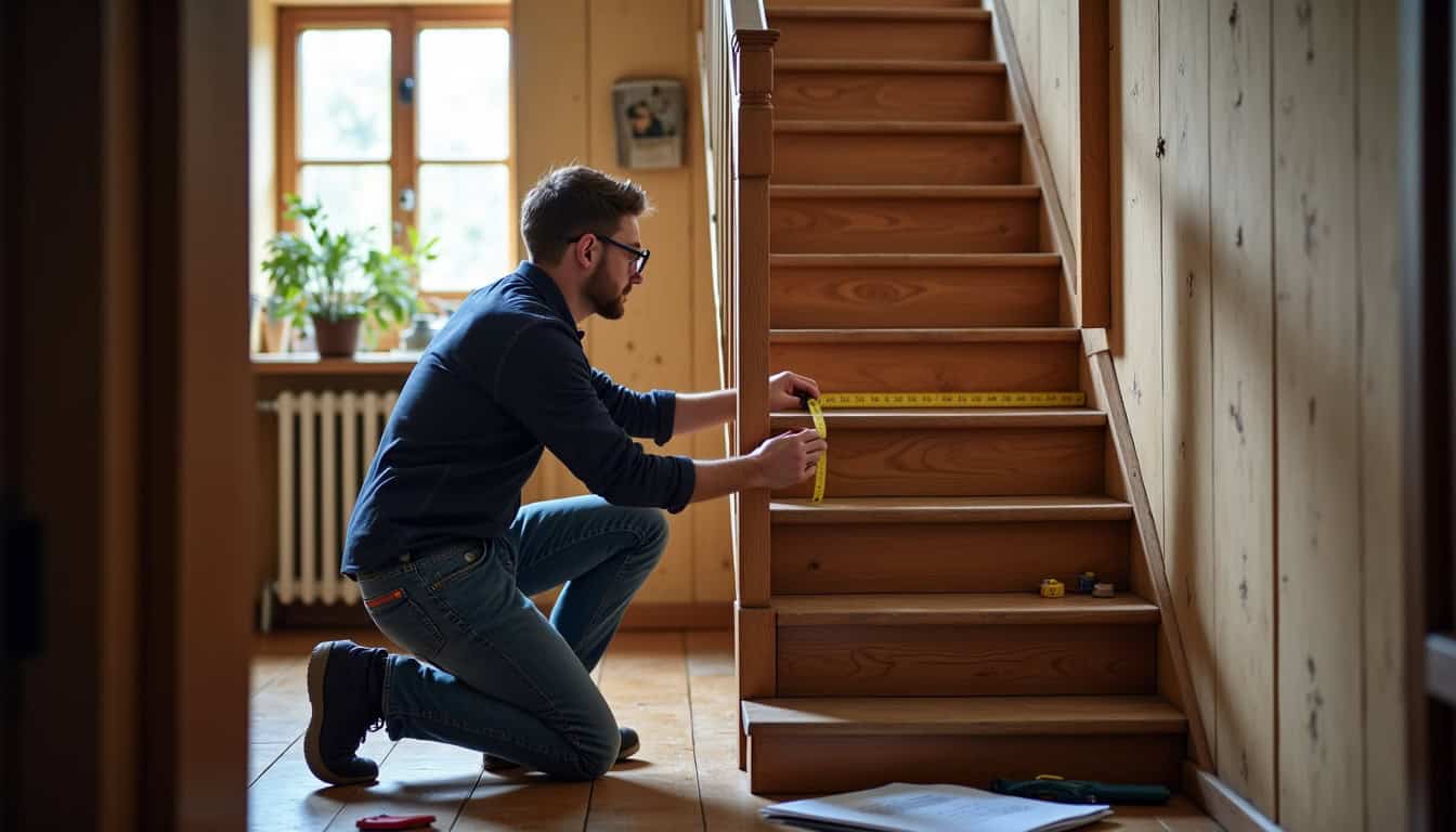 Technicien en train de mesurer un escalier à Quimper pour un devis personnalisé de monte-escalier