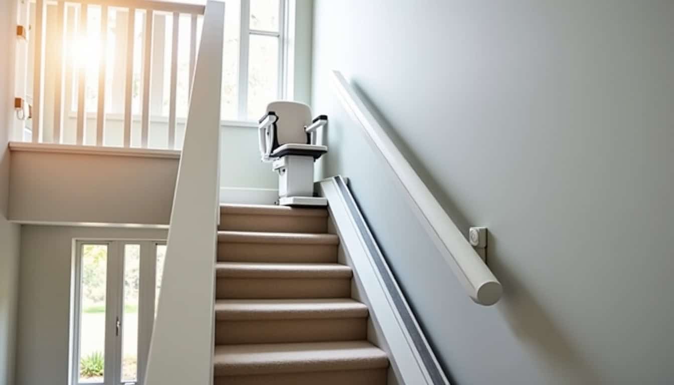 Monte-escalier replié contre le mur dans un escalier de Molac