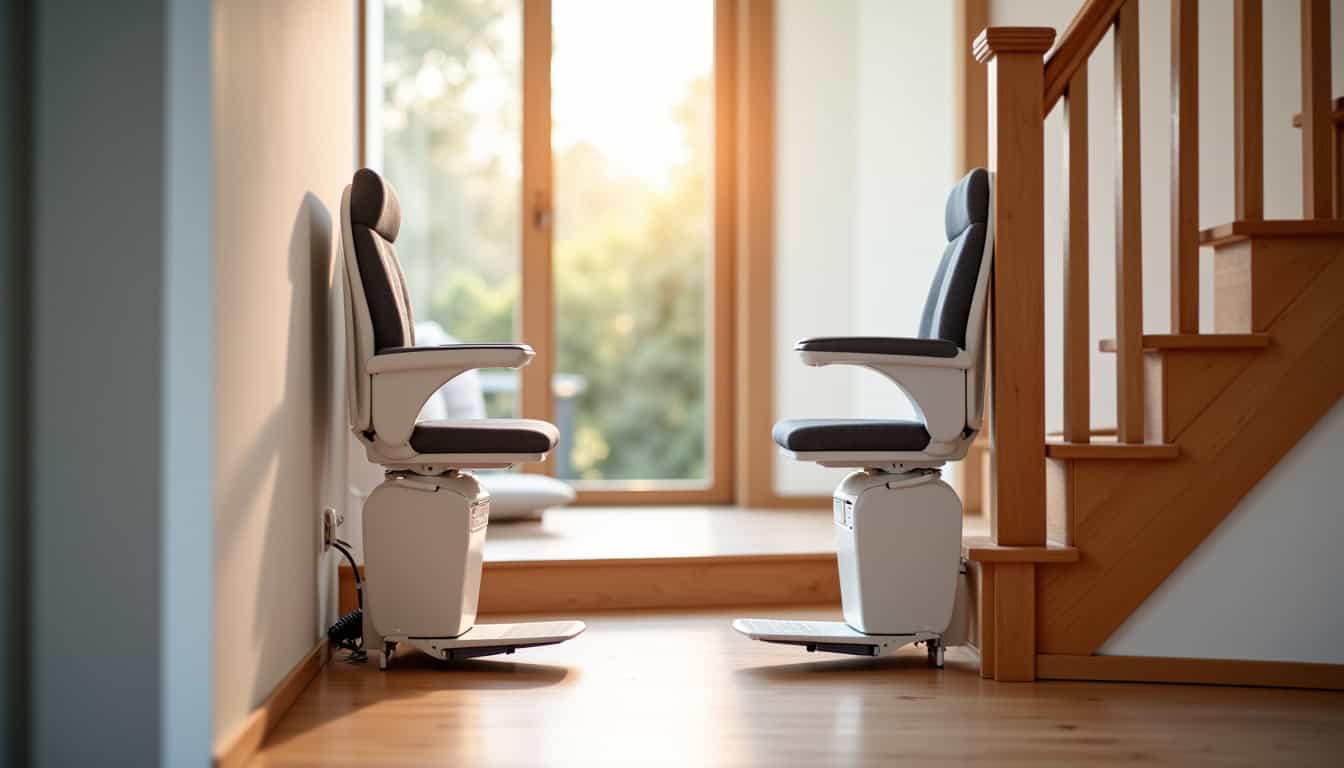 Monte-escalier replié dans un salon à Plerguer, intégré discrètement à l