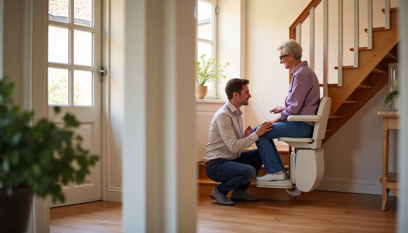 Conseiller en train d'expliquer un devis de monte-escalier à un couple âgé à Ressons-sur-Matz