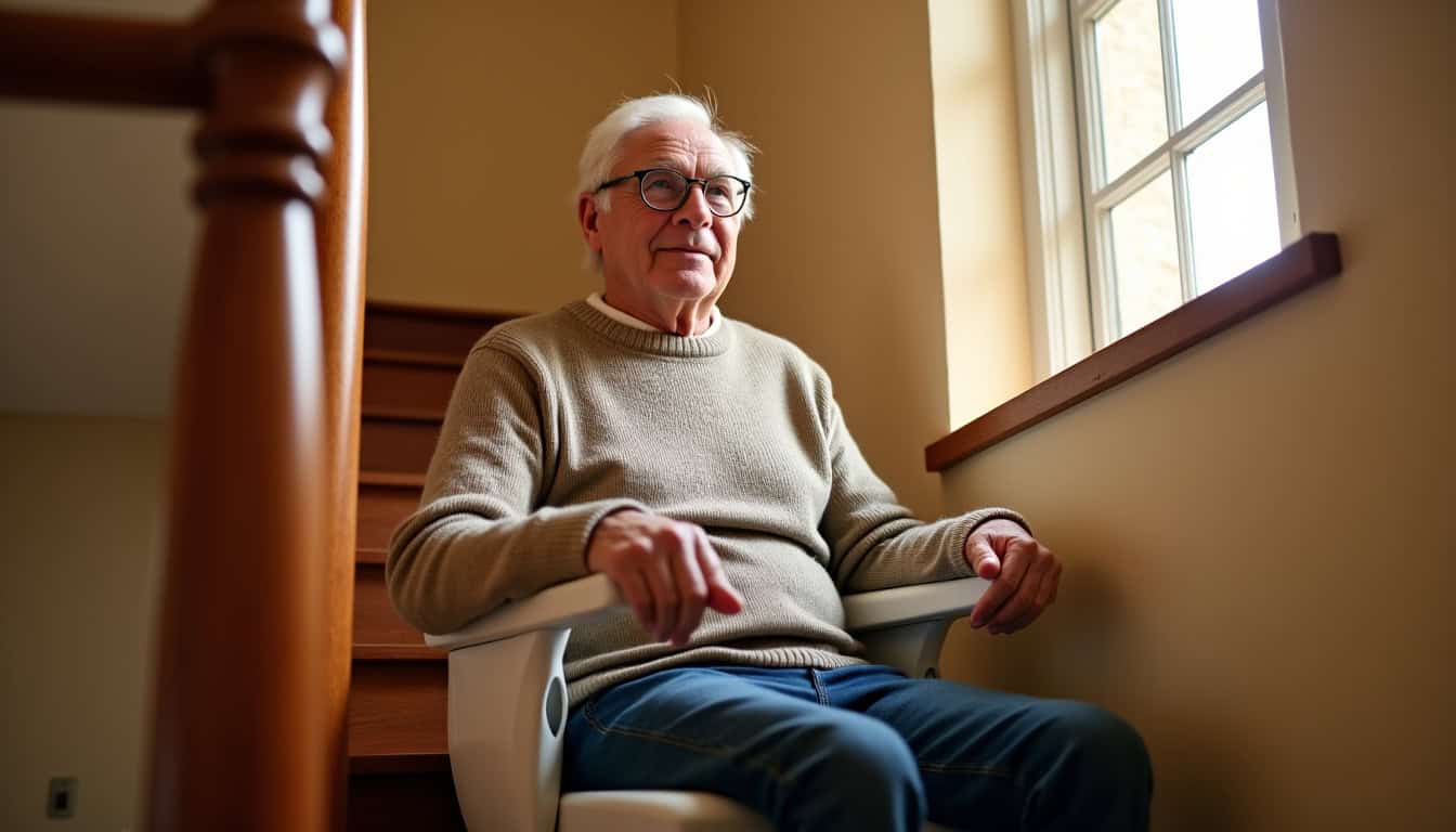 Personne âgée utilisant un monte-escalier dans une maison à Ressons-sur-Matz