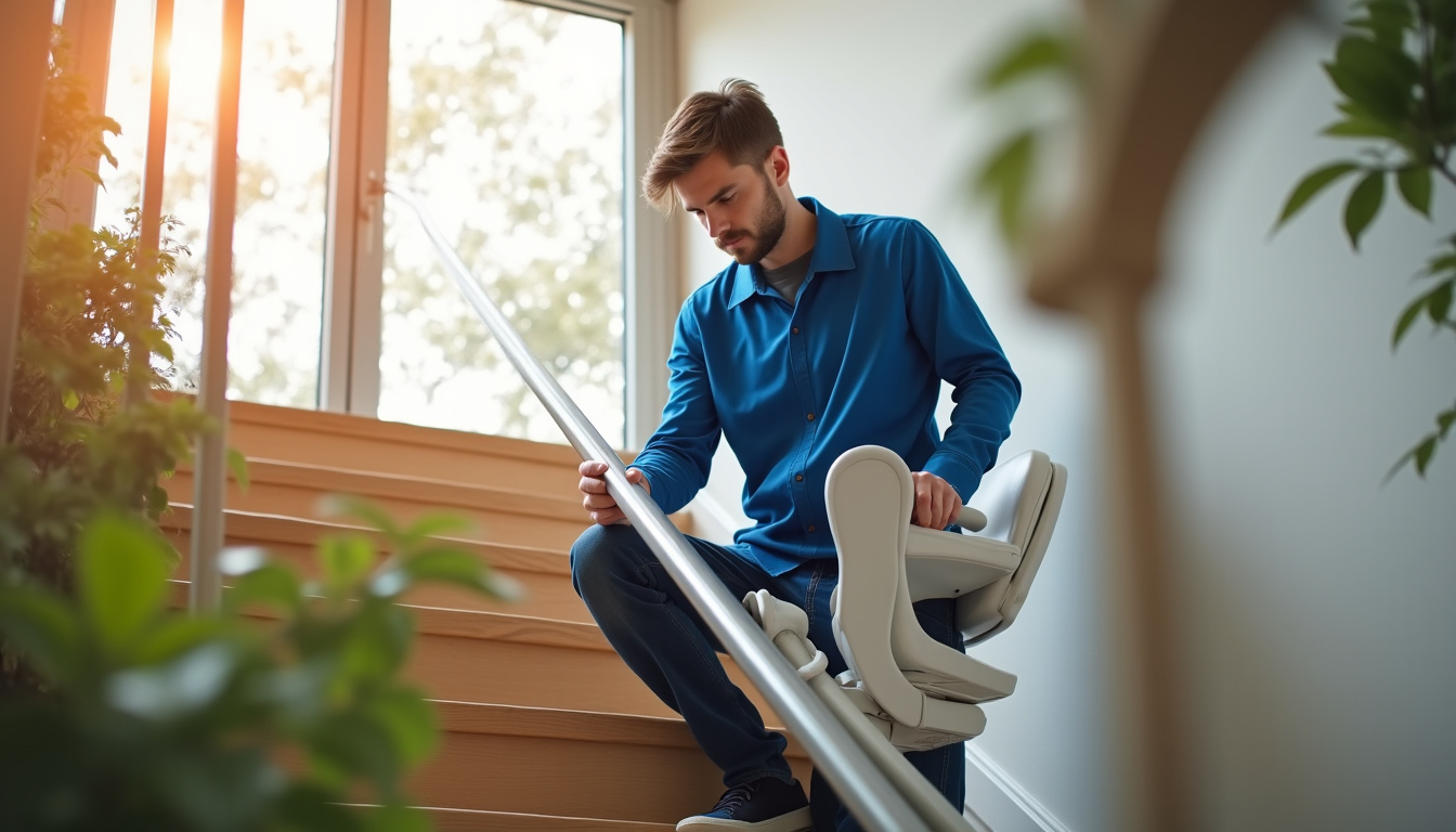 Installation d'un monte-escalier tournant dans une maison du Rhône avec rail sur mesure épousant les courbes de l'escalier