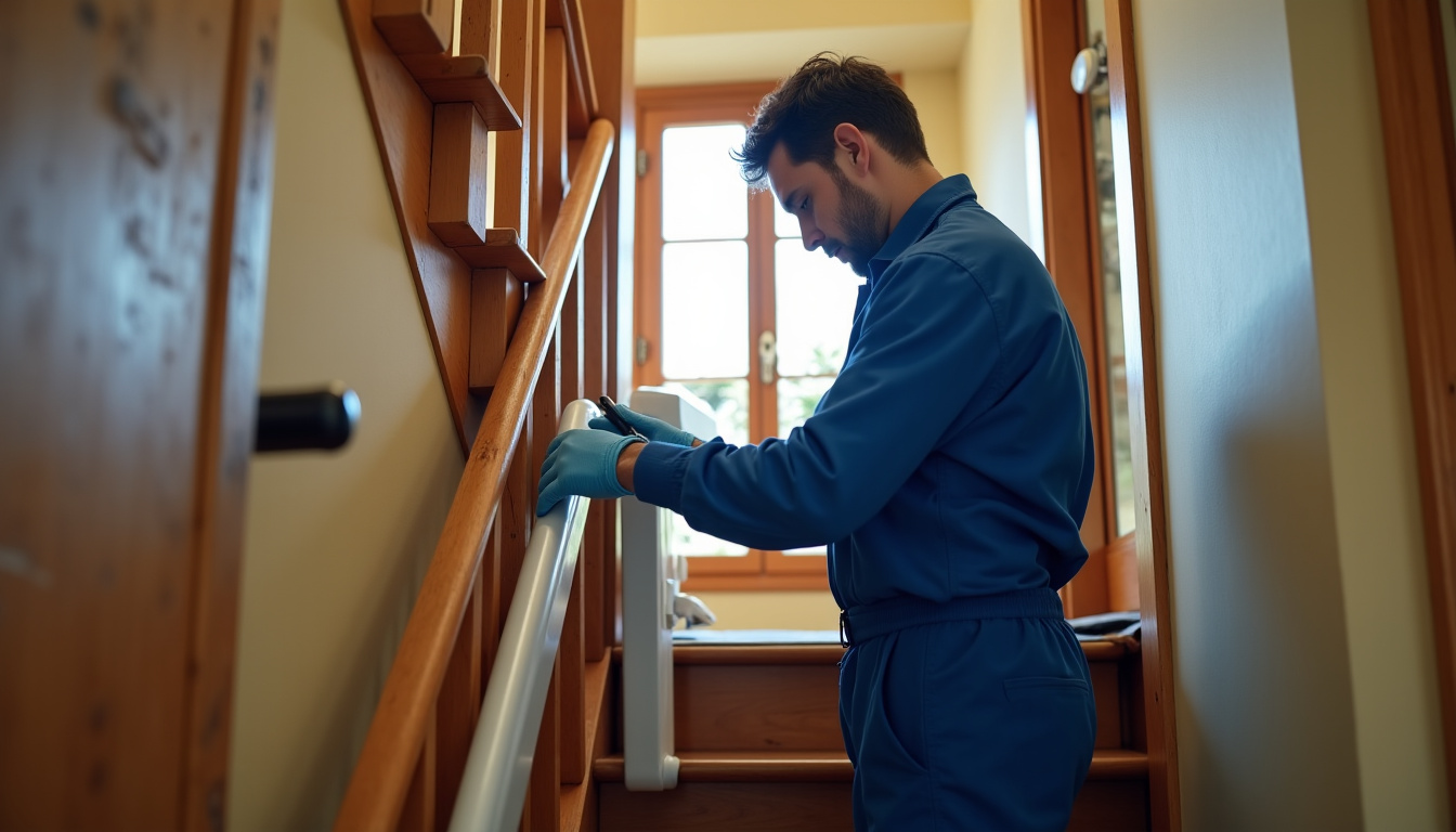 Technicien en train d'installer un monte-escalier dans une maison du Rhône, avec mesure du rail et outillage professionnel