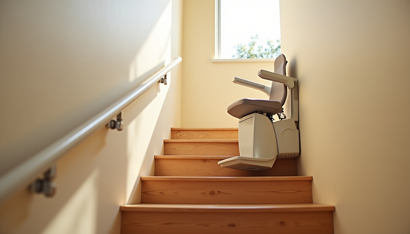 Vue intérieure d'un monte-escalier installé dans une maison du Rhône, montrant le siège replié et le rail discret sur les marches