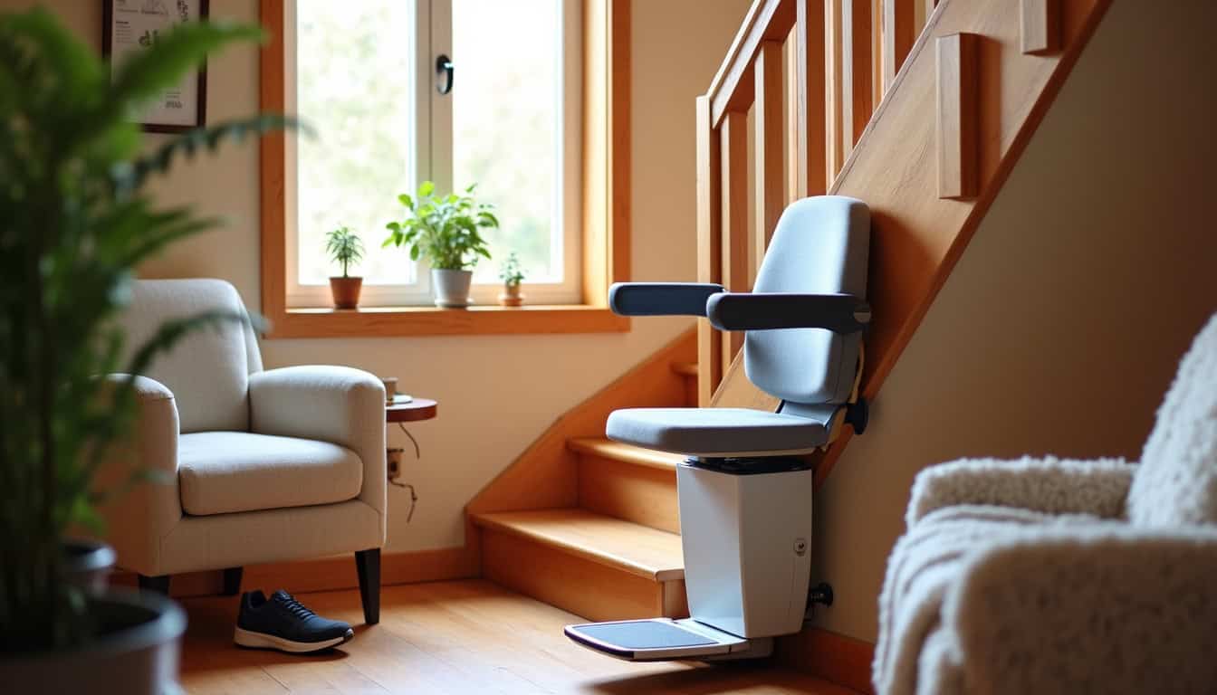 Monte-escalier droit installé dans une maison à Ribemont, montrant la simplicité d'intégration dans un escalier classique