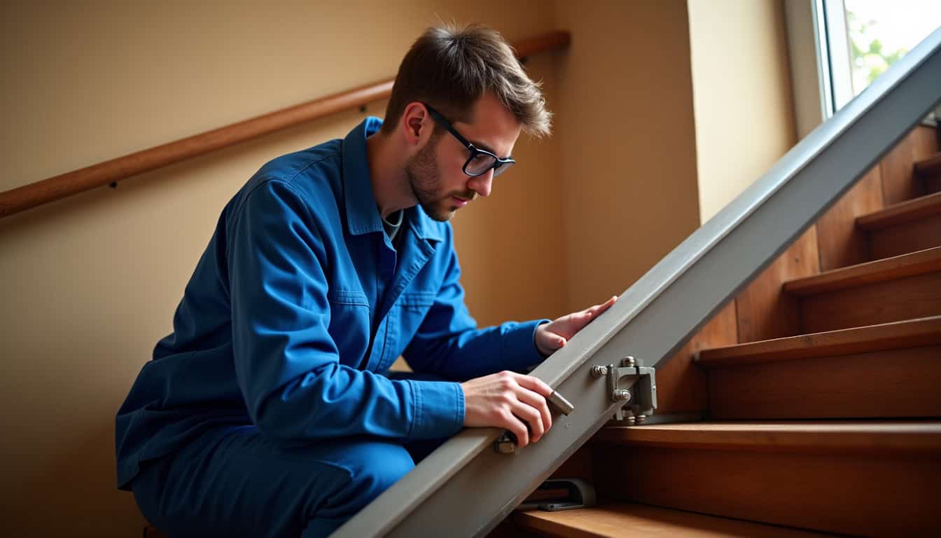 Technicien effectuant l’entretien annuel d’un monte-escalier à Rohrbach-lès-Bitche
