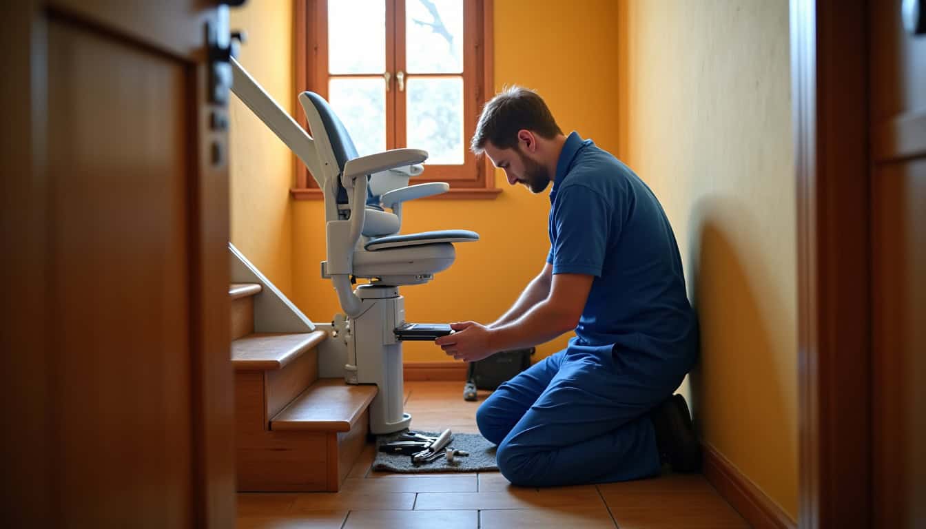 Technicien en train d'installer un monte-escalier dans une maison à Saint-Clément-des-Levées