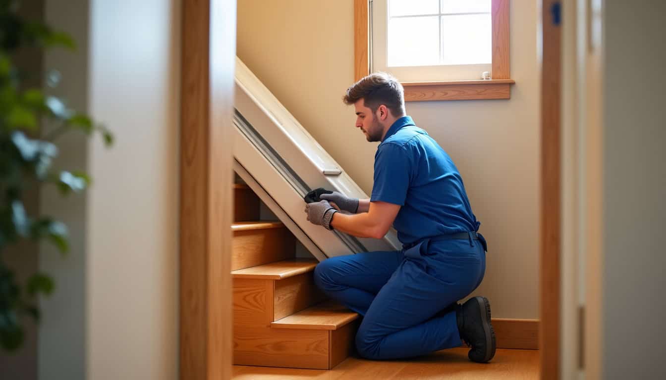 Technicien en train d'installer un monte-escalier dans une maison à Saint-Dizier