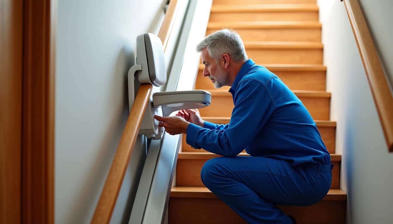 Technicien vérifiant le fonctionnement d'un monte-escalier lors d'une visite de maintenance à Saint-Dizier