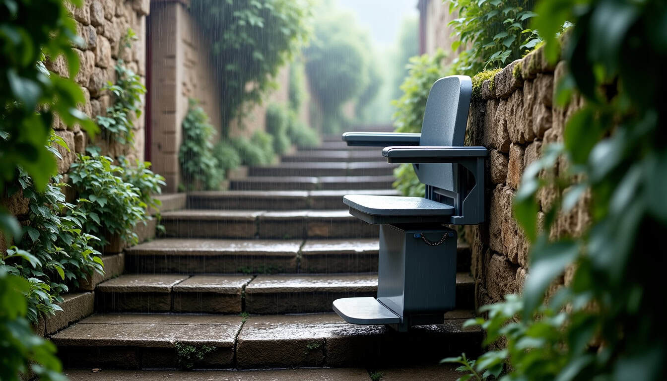 Monte-escalier extérieur installé sur un escalier en pierre à Saint-Étienne-des-Oullières, fonctionnant par temps de pluie