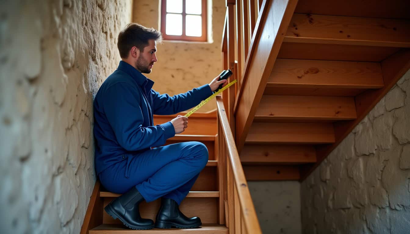 Technicien en train d’effectuer un relevé d’escalier dans une maison à Saint-Étienne-des-Oullières