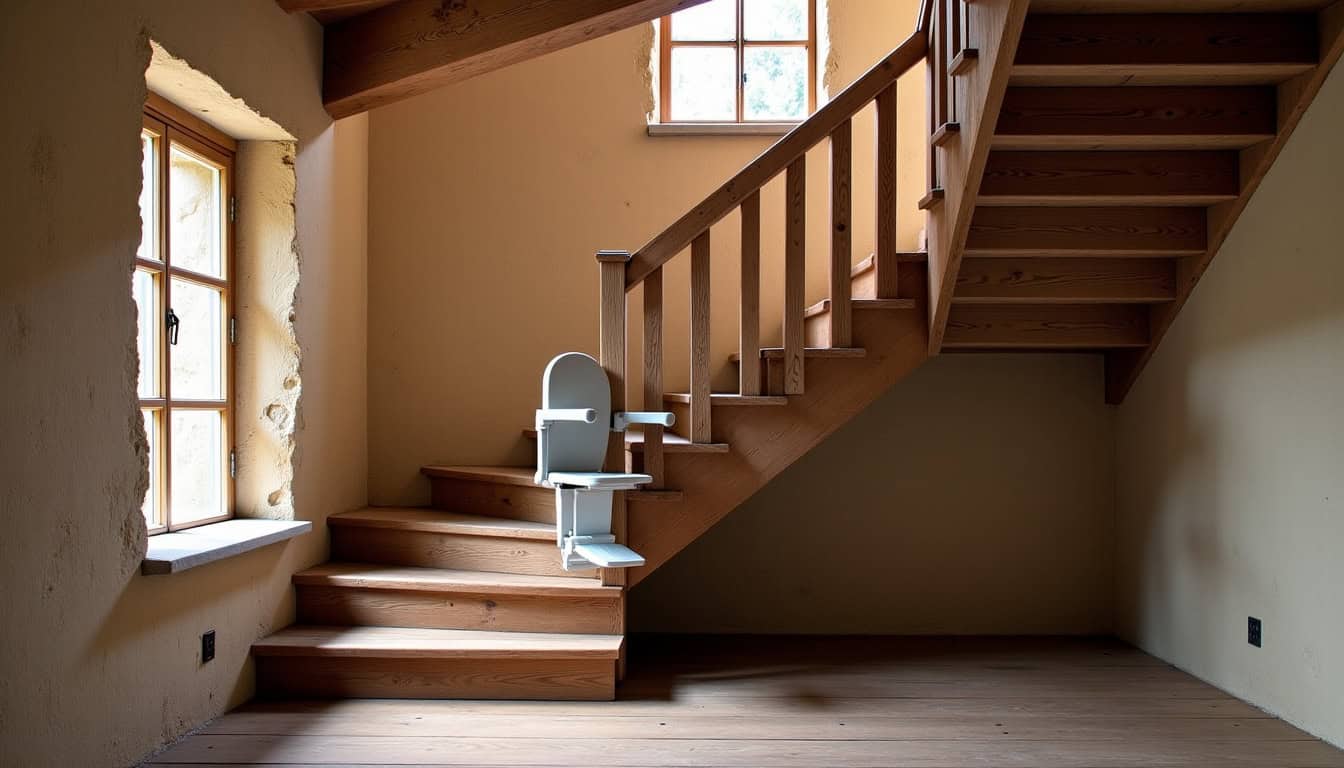 Intérieur d’une maison à Saint-Étienne-des-Oullières avec un monte-escalier tournant installé sur un escalier en bois ancien