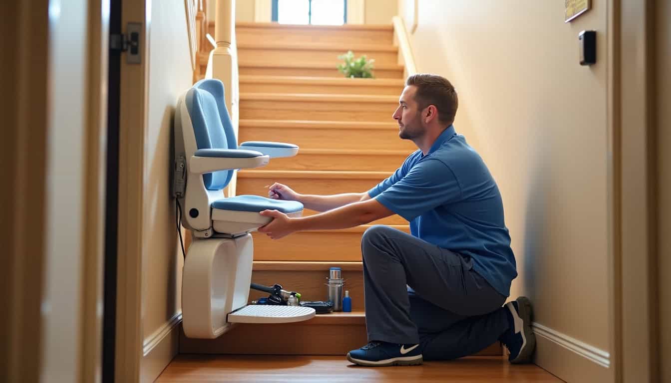 Technicien en train d'installer un monte-escalier dans une maison à Saint-Jean-sur-Vilaine