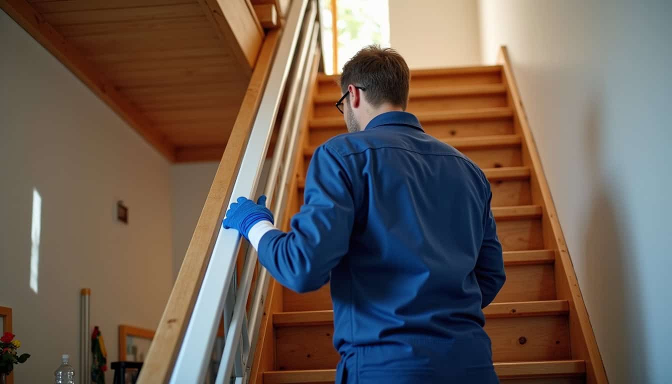 Technicien en train d’installer un monte-escalier droit dans une maison à Saint-Julien-les-Villas