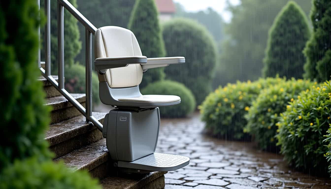 Monte-escalier extérieur en fonctionnement par temps de pluie à Saint-Julien-les-villas